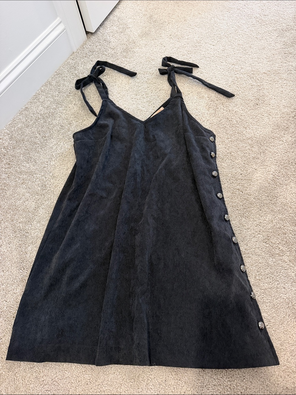 Black Tie-Shoulder Mini Dress with Side Button Detail
